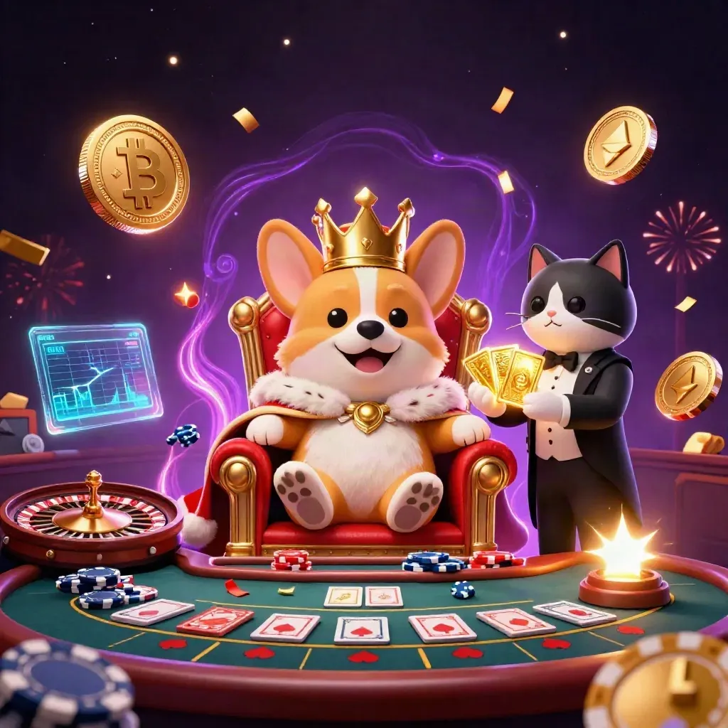 Royal corgi king and cat butler amid glowing casino tech, coins, magic, and fireworks.