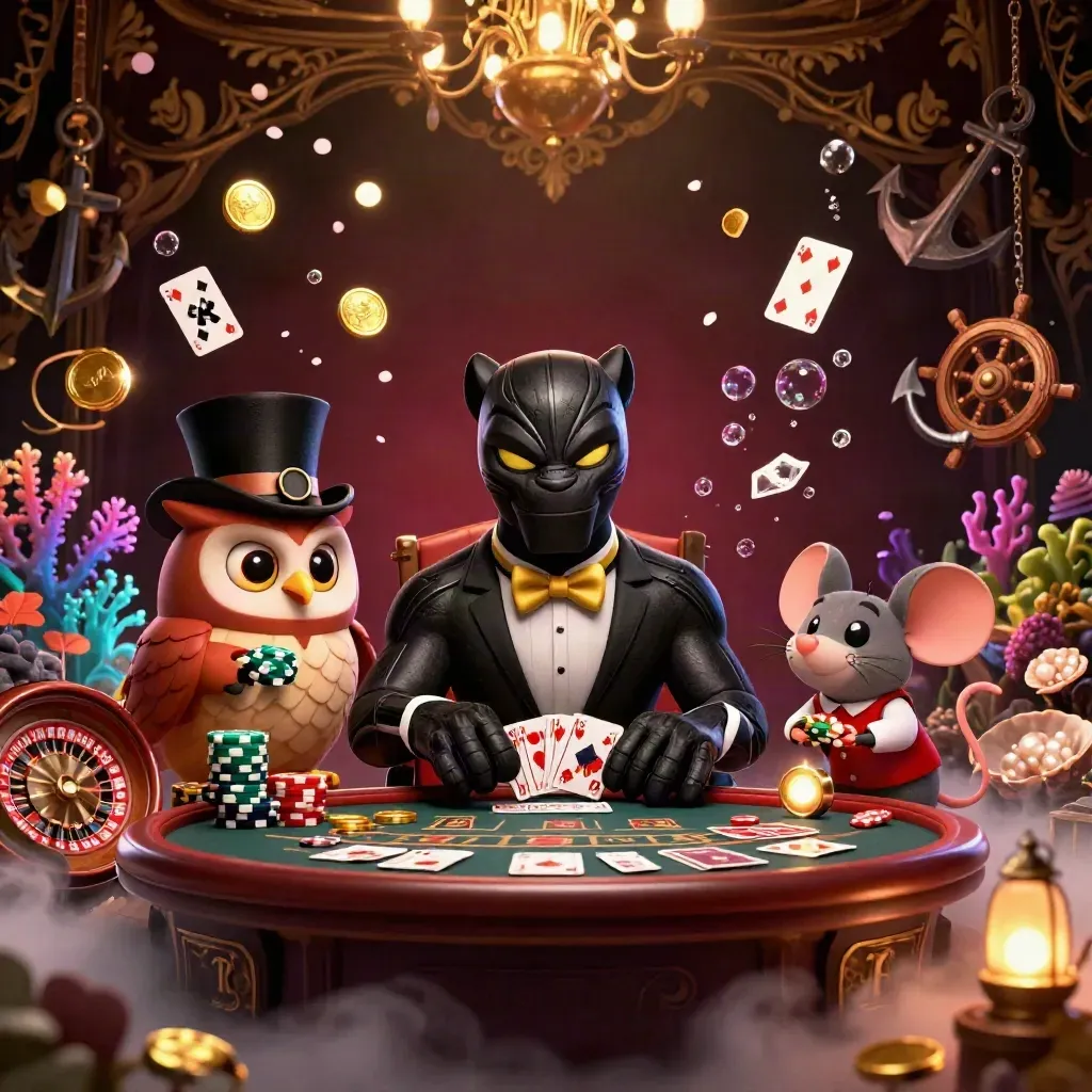 Panther dealer, owl with chips, mouse, treasure-cove casino glow, luxe damask background