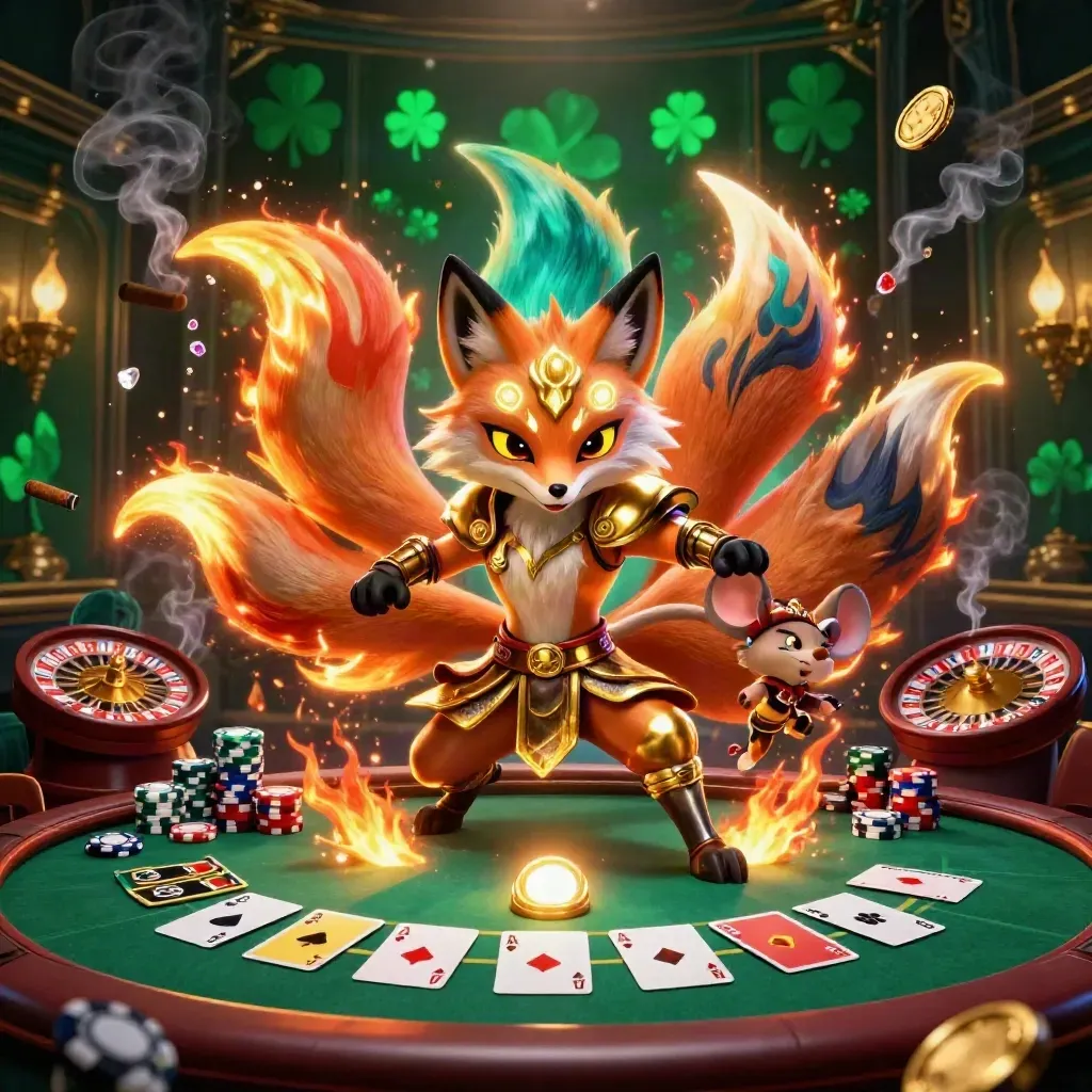 Neon fox spirit and samurai mouse amid casino tables, chips, roulette, and torchlit emerald smoke.