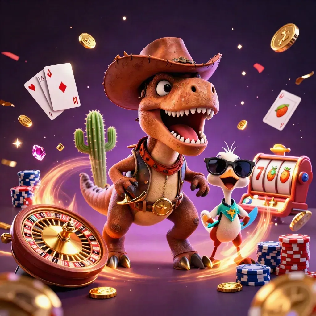 Cowboy T-Rex with cactus and roadrunner amid casino coins, chips, cards, and glowing effects