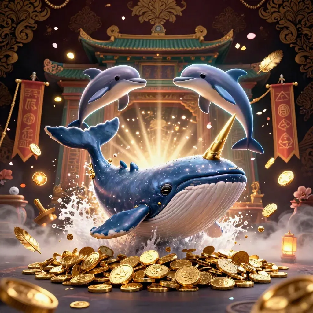 Whale captain, narwhal and dolphins burst through coins before a temple gate in teal-gold casino fantasy.
