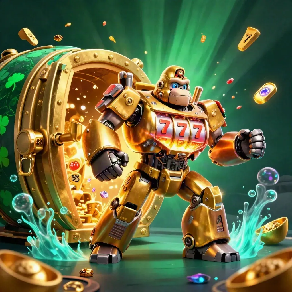 Golden gorilla mech bursts from a vault with a tiny monkey pilot, gems, gold, and cyan glow.