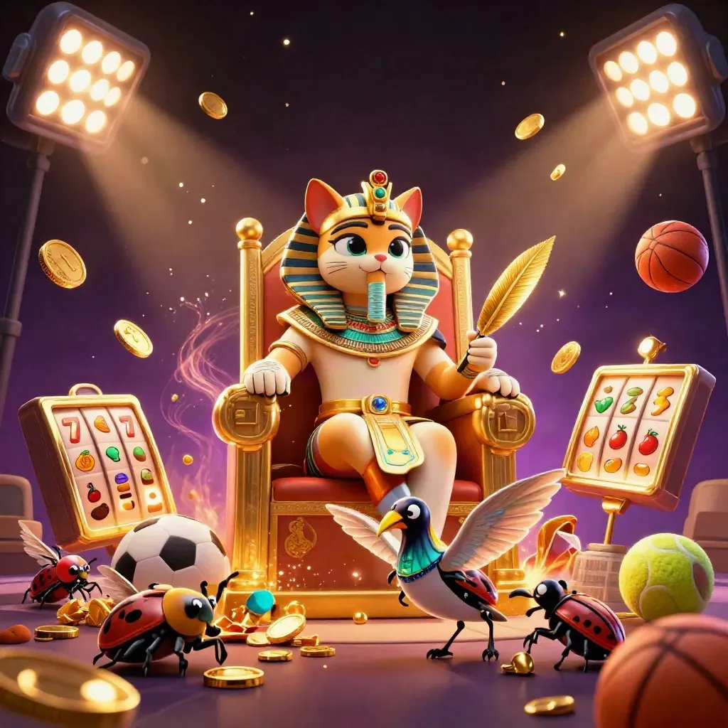Pharaoh cat, ibis scribe, and gem-wing scarabs burst amid gold, sports balls, and casino treasure.