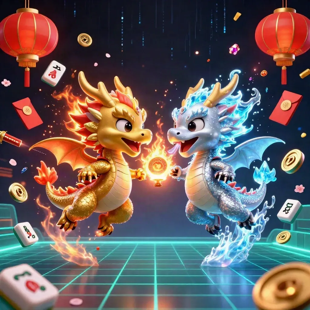 Twin gold and silver dragons clash fire and ice above casino icons, teal neon glow