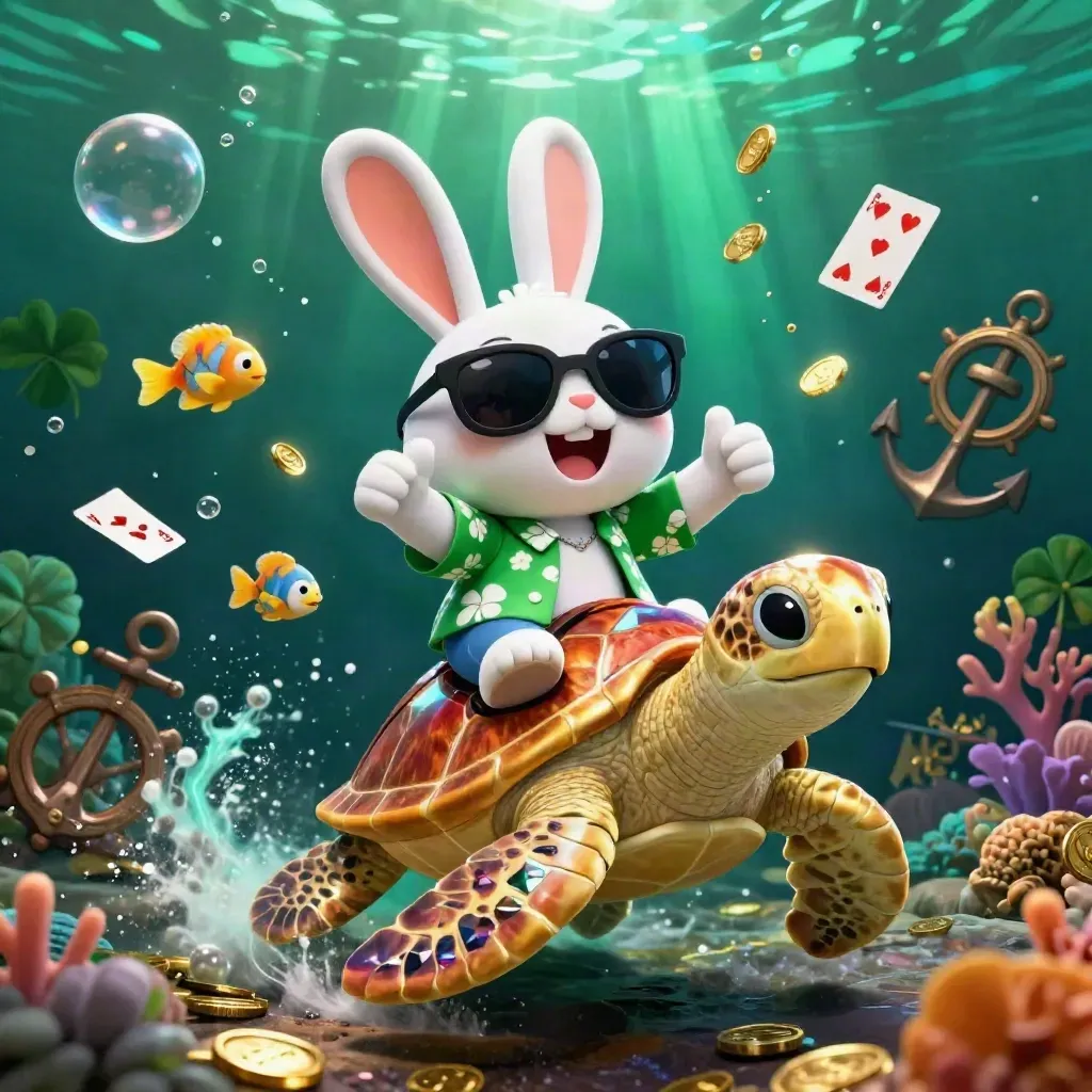Lucky rabbit rides a gem-shell sea turtle through a glowing treasure cove with fish and coins