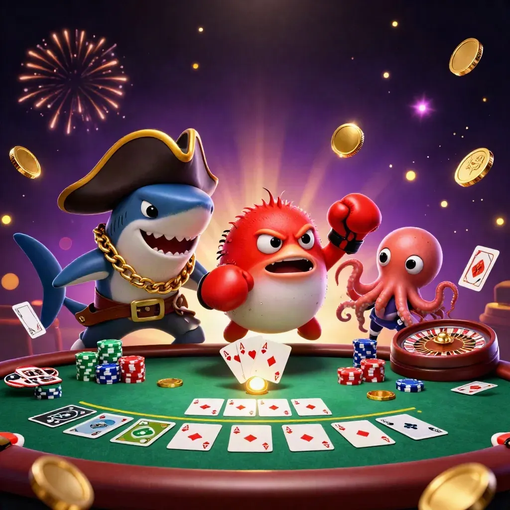 Pirate shark, boxing pufferfish, and juggling octopus amid coins, chips, cards, and fireworks.