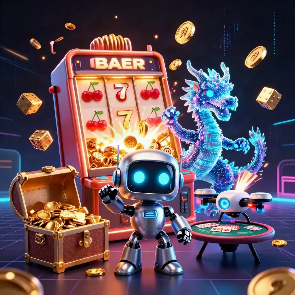 Cyberpunk robot, holographic dragon, drone, bursting slot machine, gold coins, casino effects.
