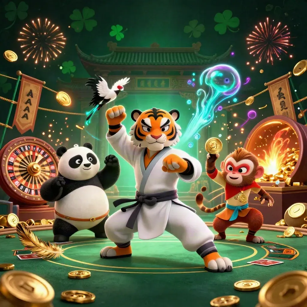 Tiger, panda, and monkey casino heroes amid gold coins, roulette, cards, fireworks, temple glow