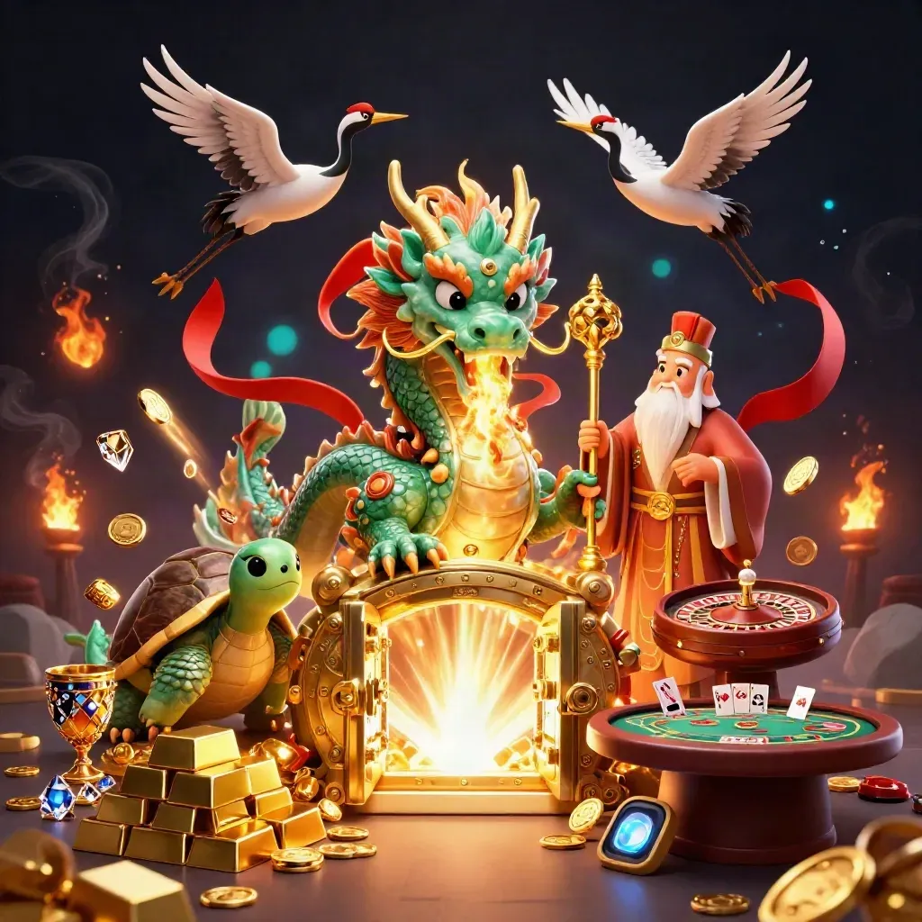 Jade dragon, turtle sage, and cranes amid bursting vault gold, gems, roulette, and casino lights.