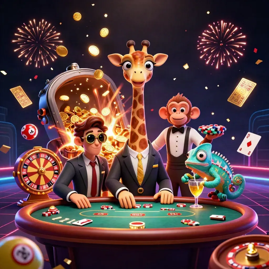 Giraffe, monkey valet, and chameleon bartender amid casino prizes, coins, fireworks, and neon glow.