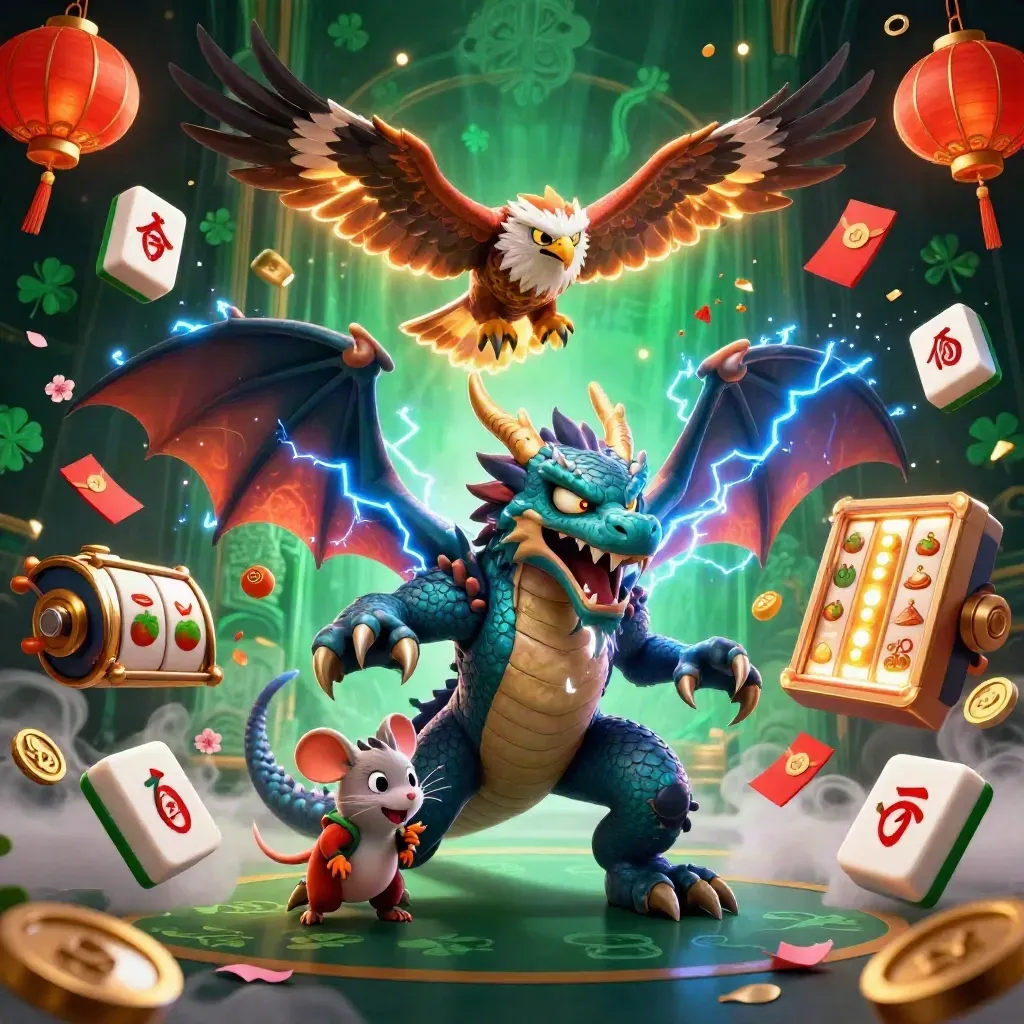 Thunder dragon, wind hawk, and thunder-mouse amid casino talismans and glowing emerald-gold effects.