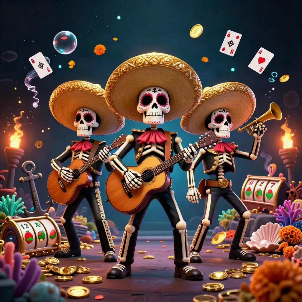 Skeleton mariachi trio amid gold coins, coral, reels and ember sparks on a dark casino backdrop.