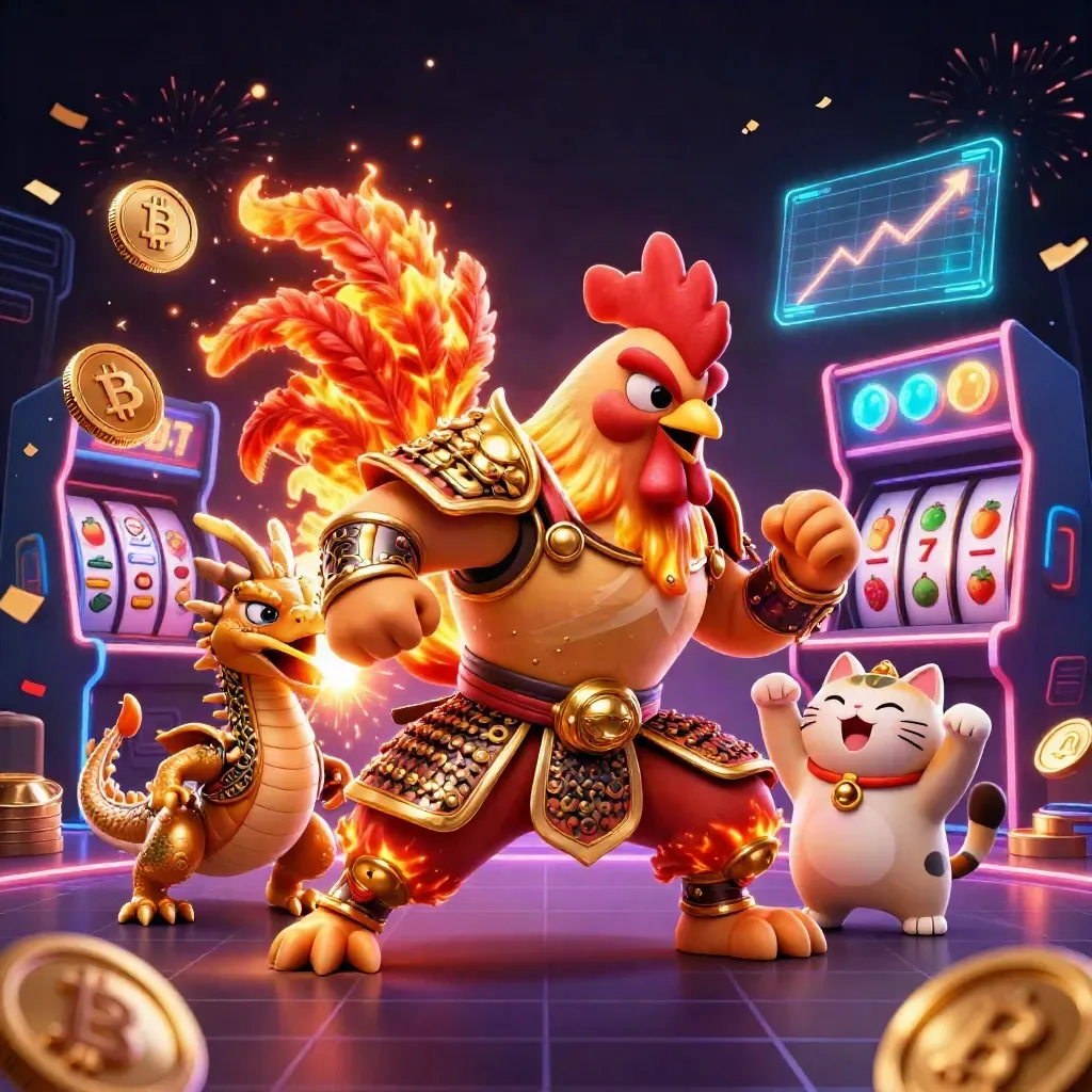 Rooster warrior, dragon hatchling and fortune cat amid neon coins, reels and sparks on a dark casino grid.
