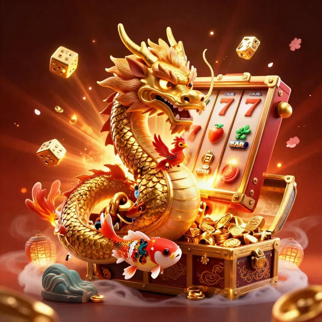 Golden dragon with phoenix and koi amid exploding casino reels and treasure
