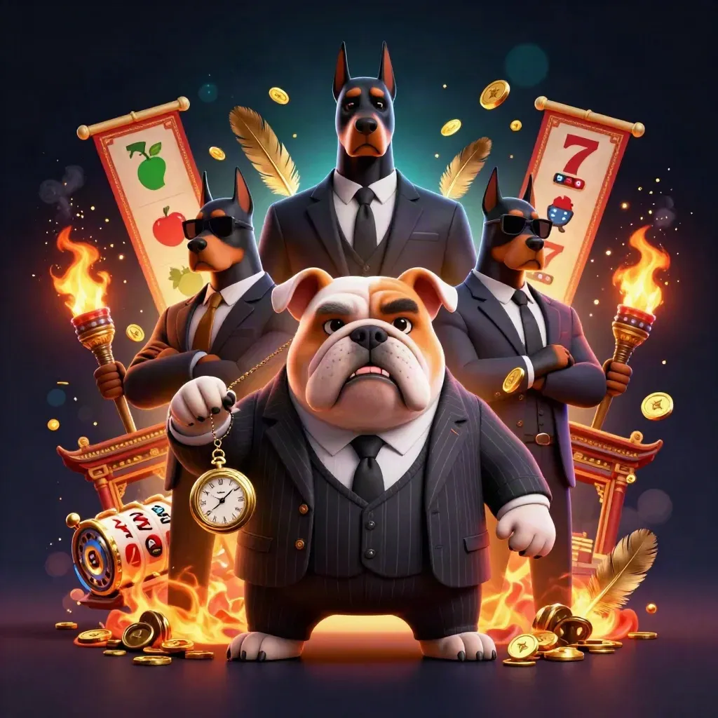 Bulldog boss and two Dobermans amid coins, reels, temple gate, embers, and teal neon glow.