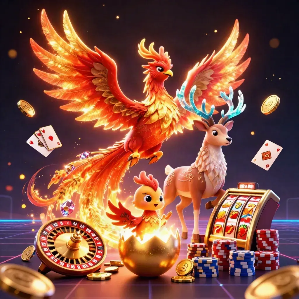 Fire phoenix, hatching baby phoenix, and crystal-antler stag amid casino coins, cards, chips, and glowing reels.