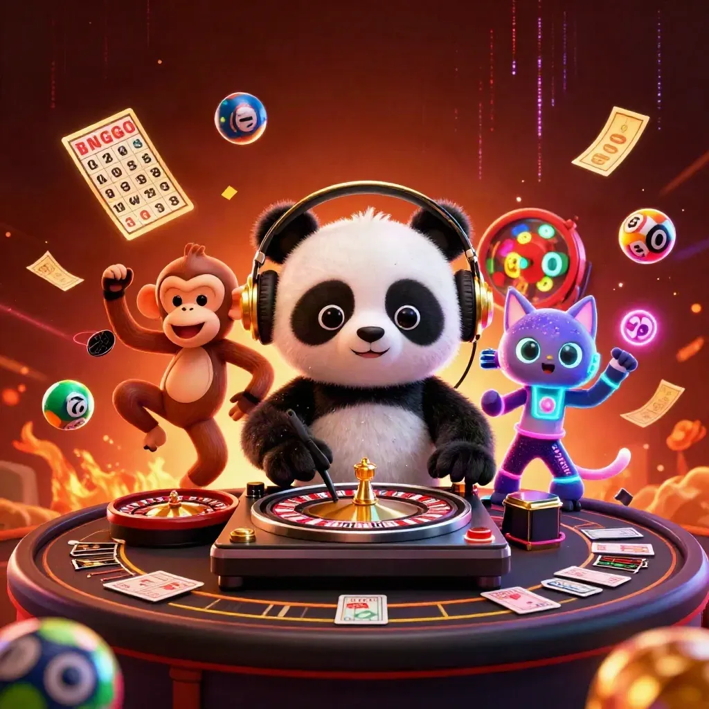 DJ panda, monkey, and glow-stick kitten amid spinning casino rewards and neon sparks