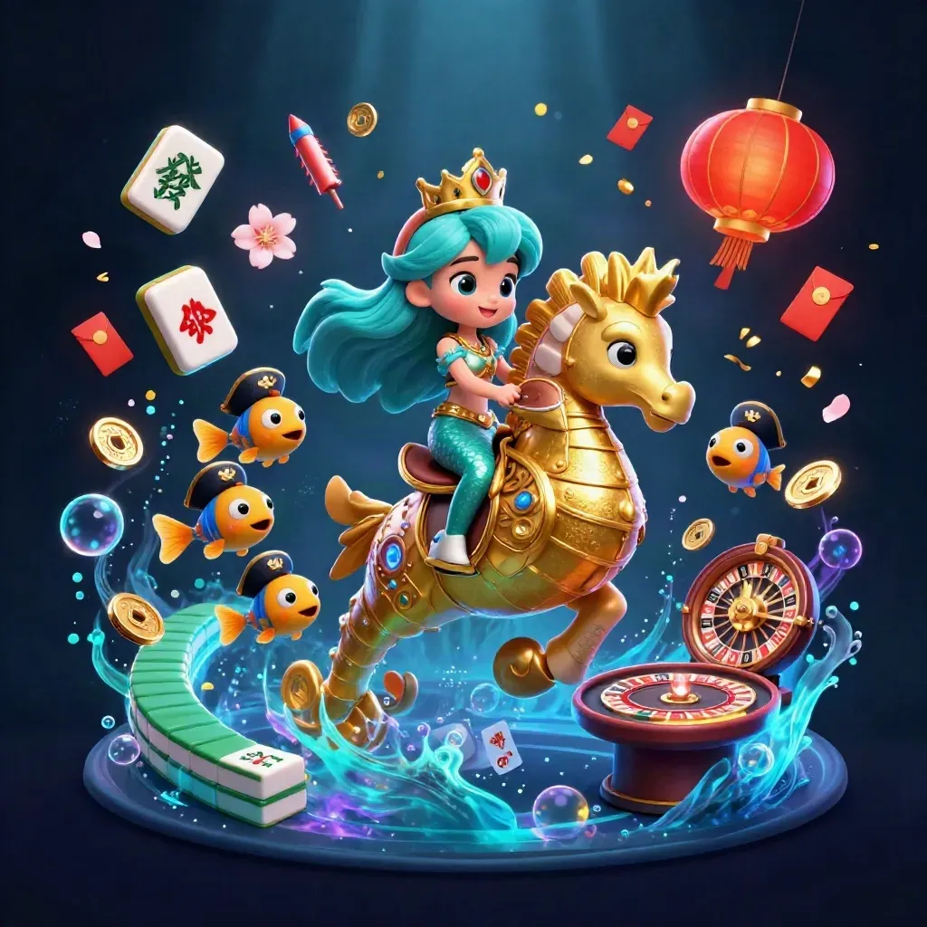 Mermaid princess on a golden seahorse amid casino treasures, lanterns, coins, fish and neon glow