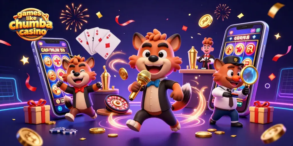 Play dynamic games like Chumba Casino with vibrant hyenas at a lively casino scene.
