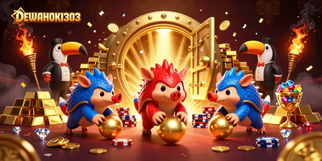 DEWAHOKI303 menampilkan pangolin bersaing dalam permainan kasino dengan tumpukan chip poker.