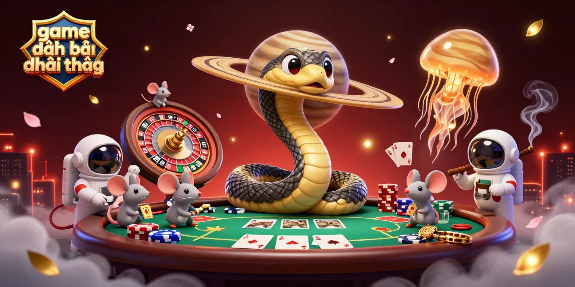 Engage in game đánh bài đổi thưởng with a vibrant scene of snakes, astronauts, and chips at play.