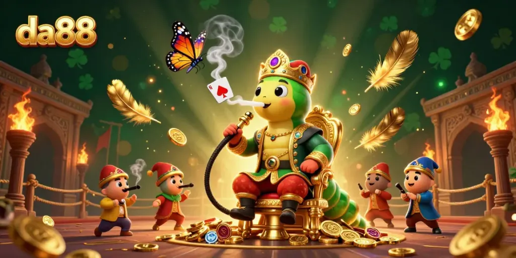 Engage with da88's vibrant casino scene featuring an enchanting caterpillar and poker symbols.