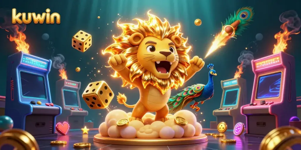 Experience the thrilling universe of kuwin with a vibrant 3D illustration featuring a roaring lion, dice, and dynamic gaming elements.