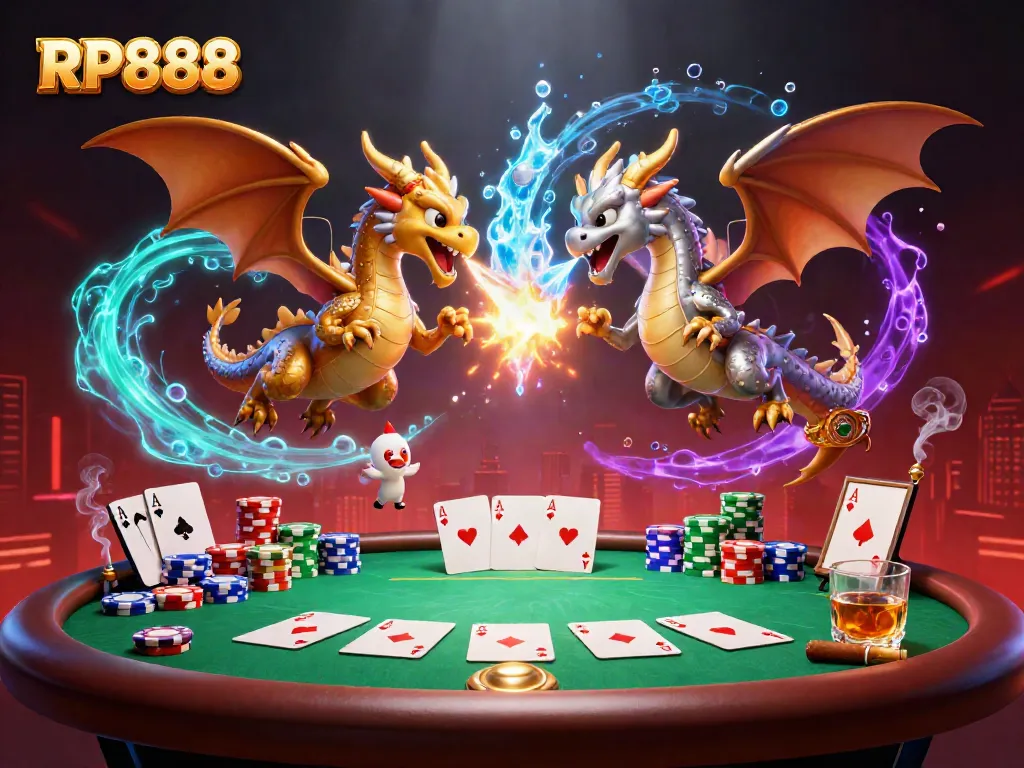 Engage in thrilling gameplay with RP888, featuring dragons and poker elements in a vibrant casino scene.