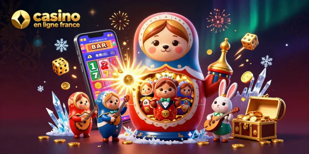 Engage in casino en ligne france with a vibrant 3D scene featuring unique cartoon characters and dynamic gaming elements.