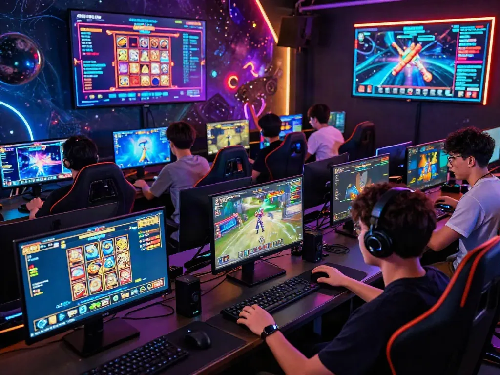 Immersive scene of gamers enjoying game online with cosmic visuals and vibrant lighting.
