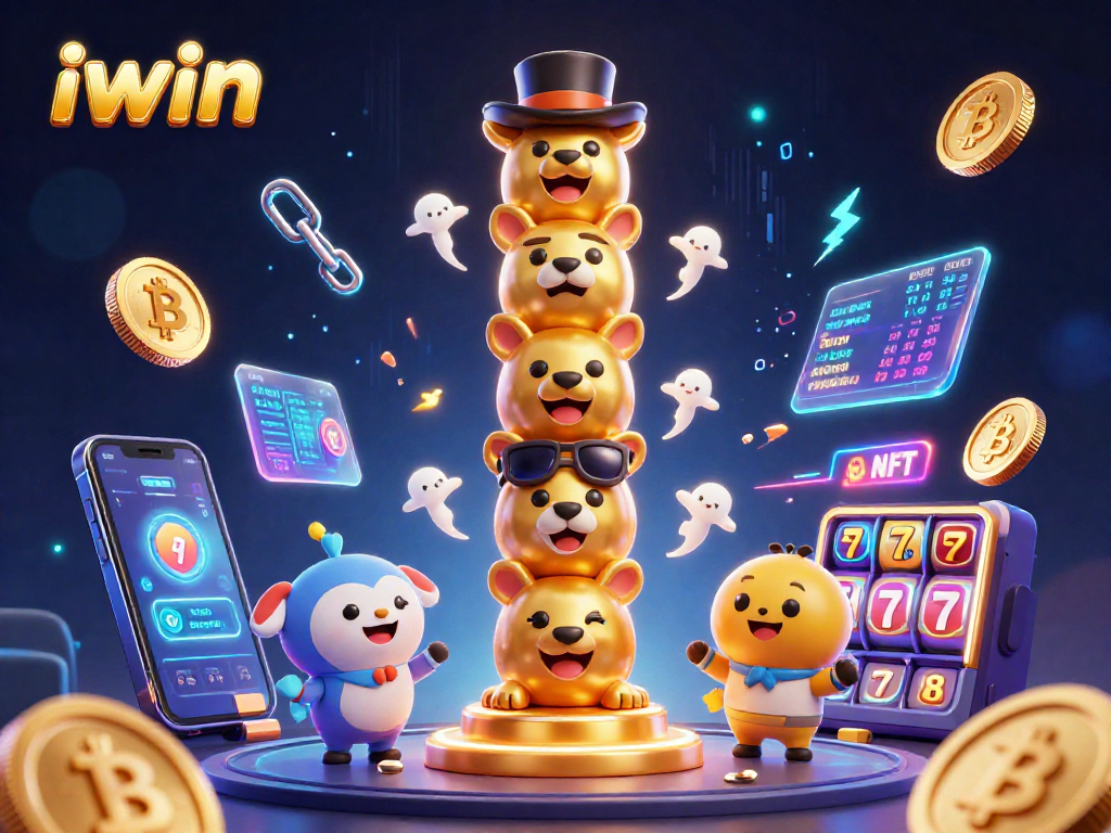 Spin the reels with iwin in this vibrant 3D casino scene featuring animated totem and crypto elements.