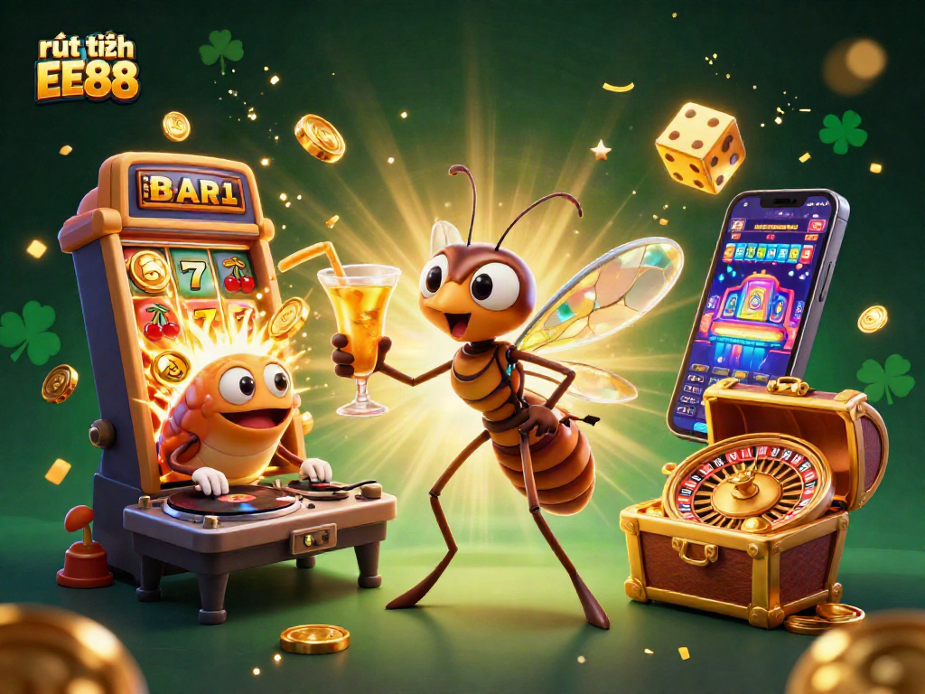 Experience rút tiền EE88 with a vibrant casino scene featuring unique characters and exciting jackpots.
