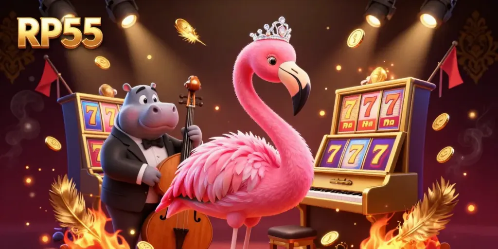 RP55 menampilkan ruang kasino dengan penyanyi flamingo dan pemain bass hippo.
