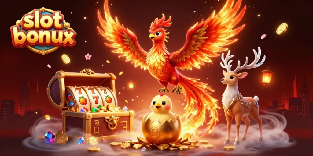 Engaging gambling scene showcasing a vibrant slot bonus featuring phoenix characters, gold coins, and slot reels.