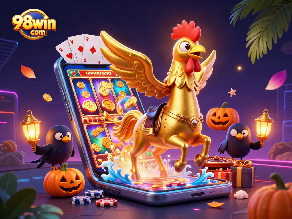 Engage with 98win com's vibrant casino visuals featuring a golden rooster and spirited gameplay elements.