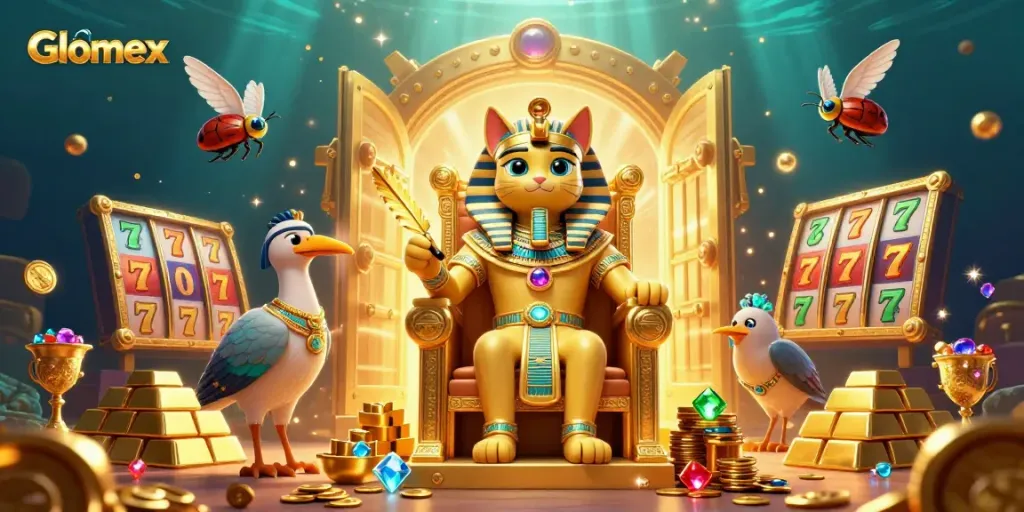 Engage with Glomex in a vibrant casino scene featuring a pharaoh cat and dynamic slot elements.