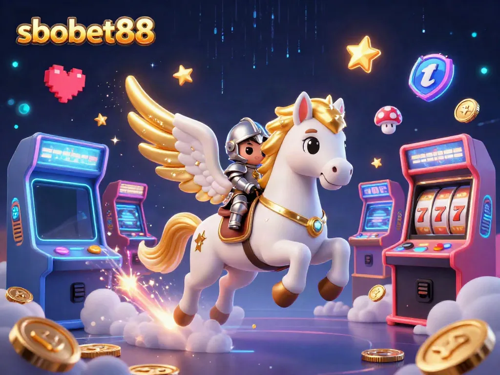 Engage in thrilling sbobet88 gaming adventures with a celestial horse and knight in a vibrant casino world.