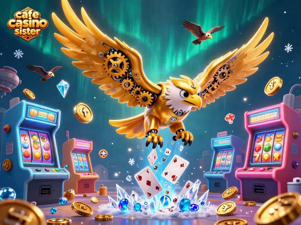Cascade of holographic playing cards around cybernetic golden eagle in cafe casino sister casinos scene