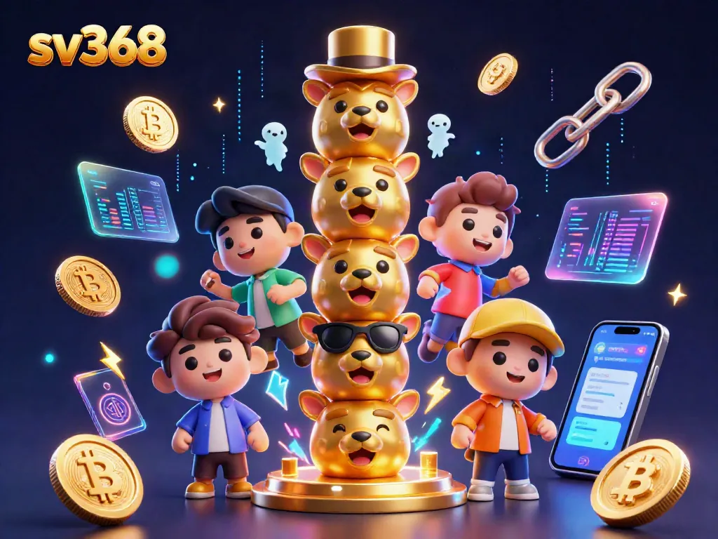 Engage in sv368 gambling excitement with a vibrant casino-themed illustration showcasing dynamic characters and crypto elements.