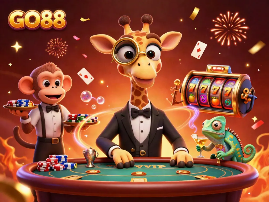 Engage in thrilling gaming at GO88 with an animated giraffe, monkey, and chameleon amidst festive casino elements.