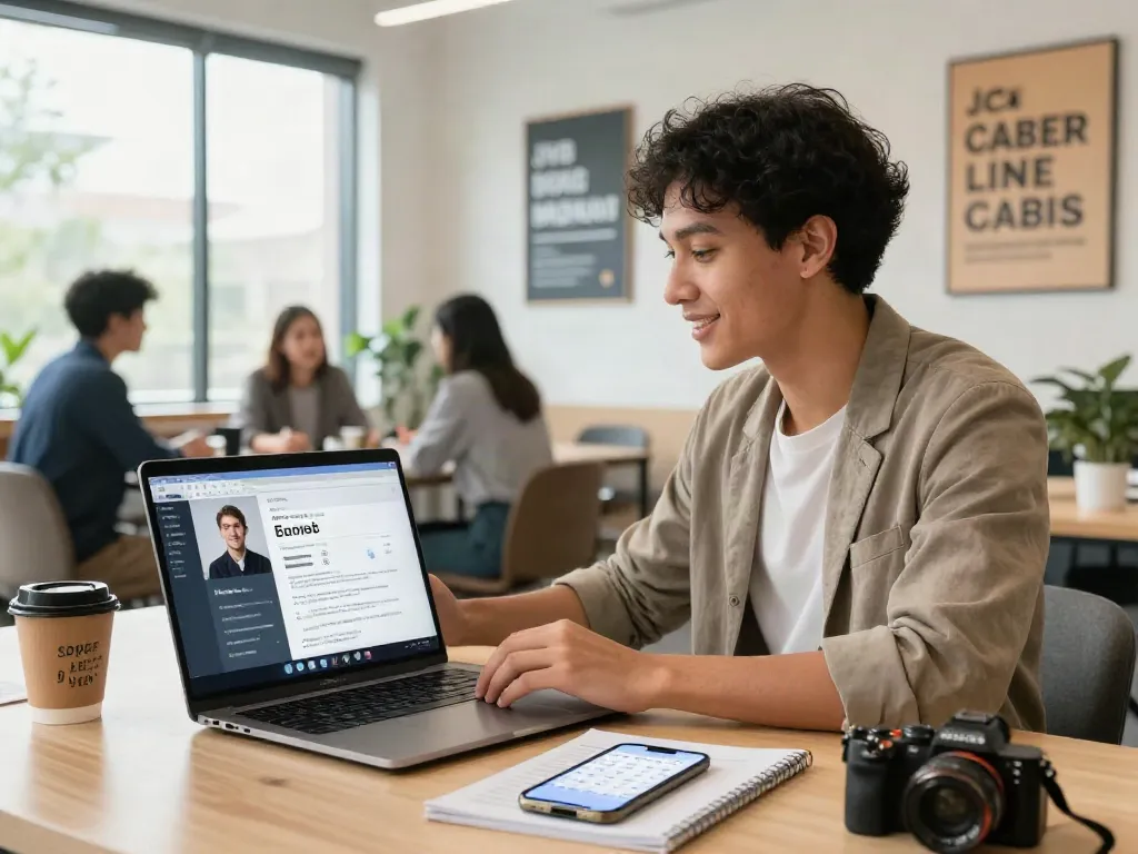Engaged professional searching for หางาน opportunities in modern co-working space.