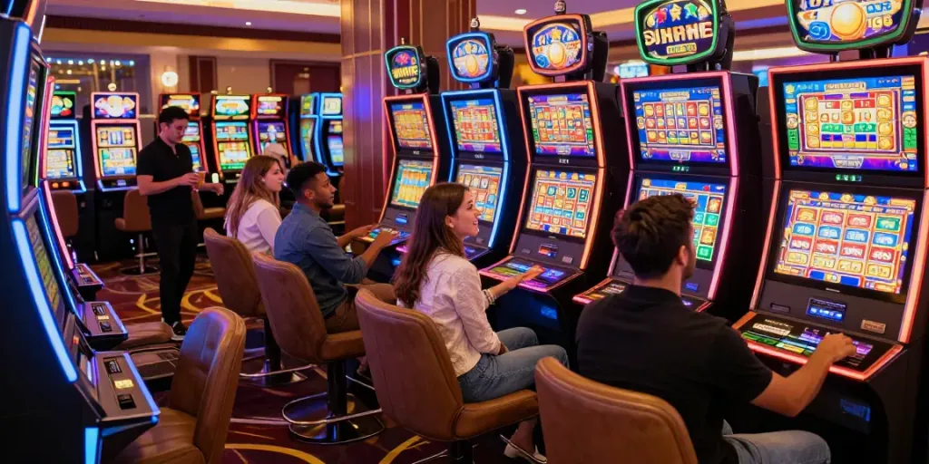 Excited friends enjoying slot machines in a lively casino, showcasing the thrill of playing สล็อต.