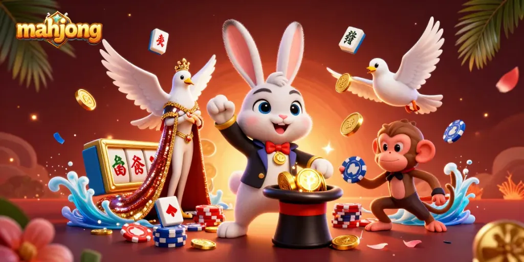 Engage in mahjong with animated characters in a vibrant casino-themed illustration.