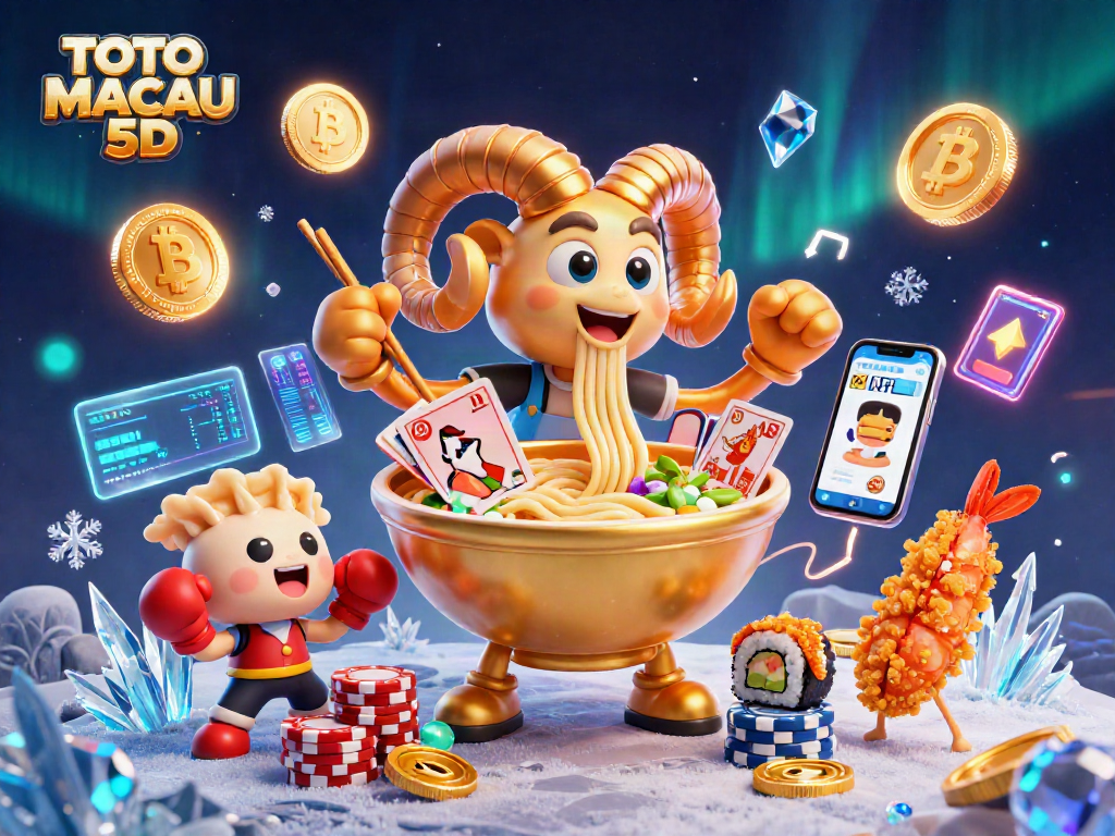 TOTO MACAU 5D innovation features a vibrant 3D scene illustrating dynamic characters and blockchain gaming elements.