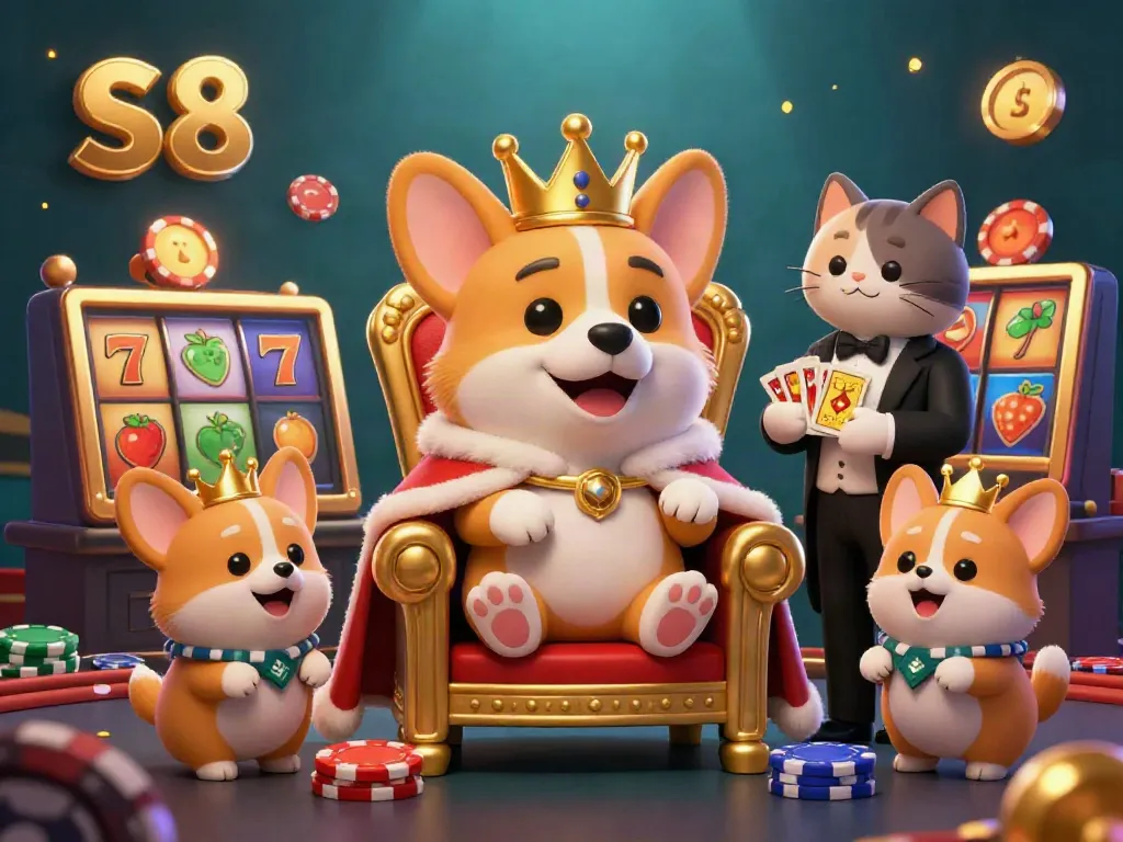 Engage with the S8 royal corgi in a casino scene overflowing with bright slot reels and golden coins.