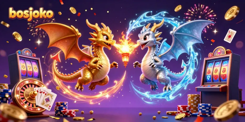 Experience thrilling wins with bosjoko as fierce dragons battle in a vibrant casino scene.