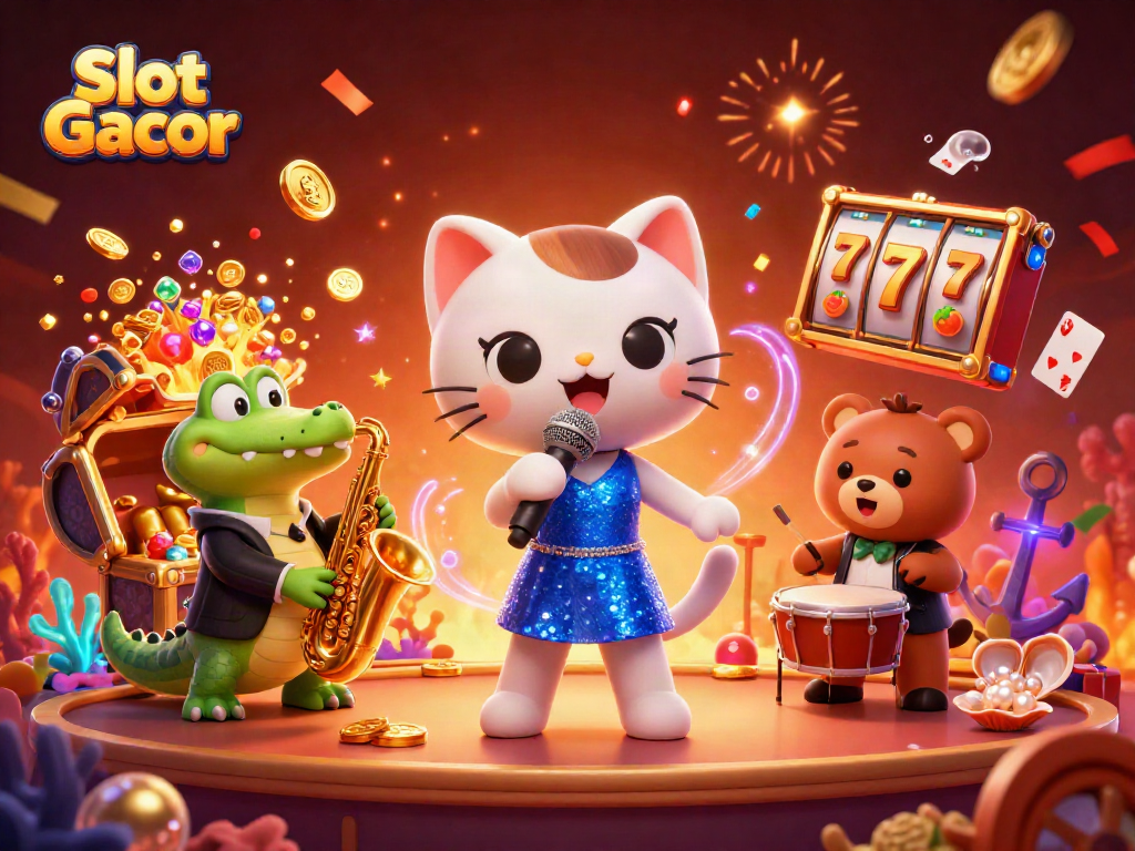 Engage in Slot Gacor excitement with vibrant 3D cat, crocodile, and bear on a casino stage.