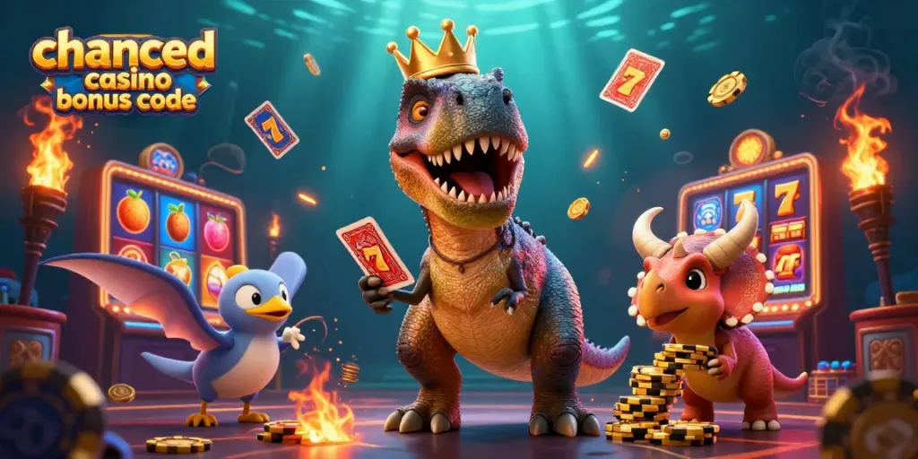 Chanced casino bonus code scene featuring cartoon dinosaurs and casino elements in a vibrant, colorful display.
