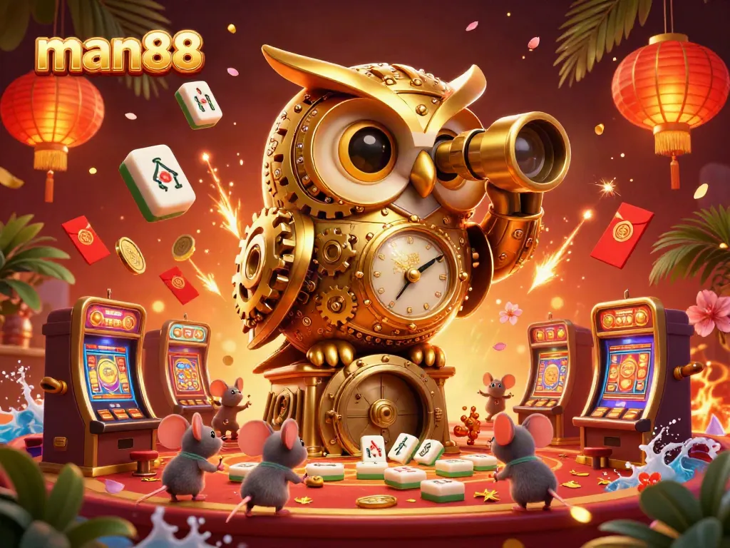 Experience thrilling games at man88 casino with owl and mouse on slot machines.
