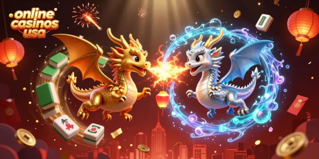 Engage with top online casinos usa through vibrant graphics of dragons and casino symbols.